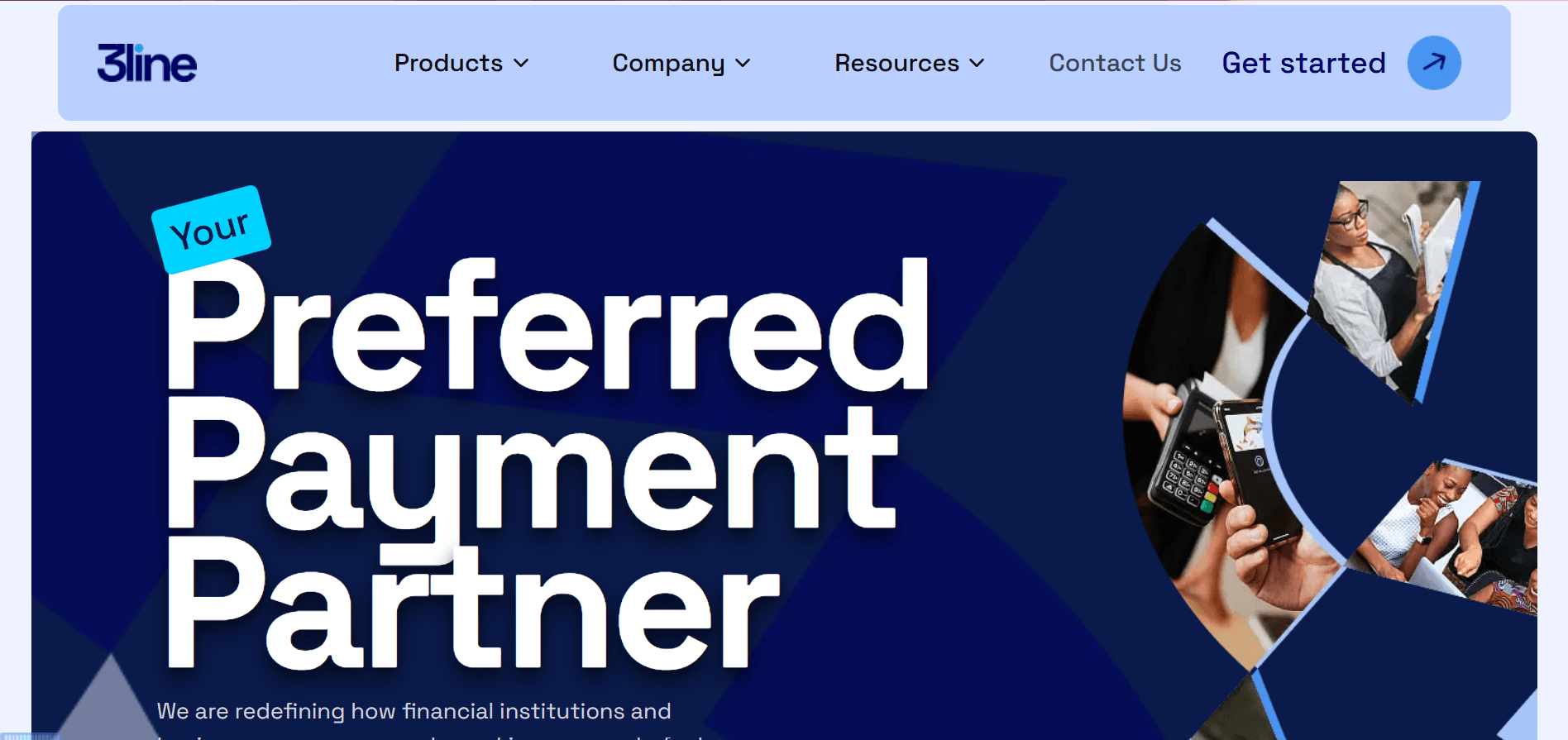 3Line's home page: 'Your Preferred Payment Partner' set large in white on deep navy, beside angled photographs of card terminals and merchants.