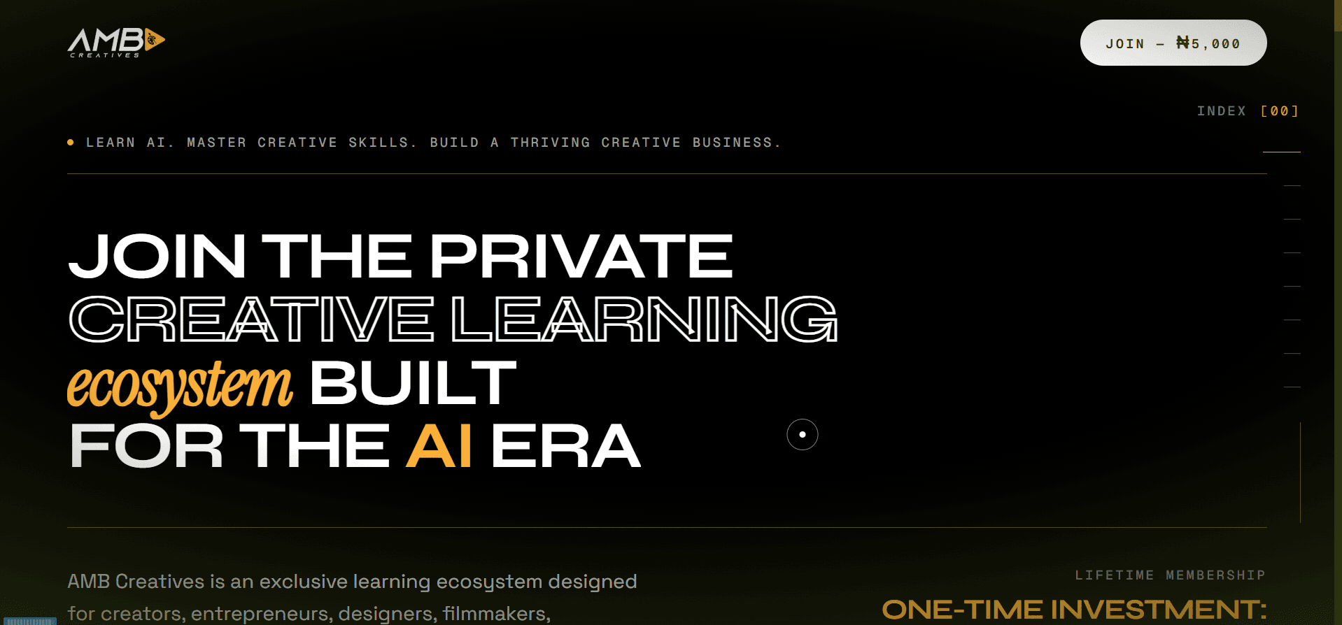 AMB Creatives home page: 'Join the private creative learning ecosystem built for the AI era' in bold outlined type on black, beside a one-time lifetime membership price.