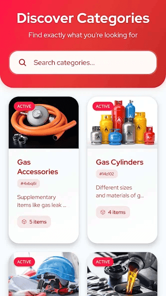 Dillon Gas category browser: a search field over cards for gas accessories, gas cylinders and safety equipment, each marked active.