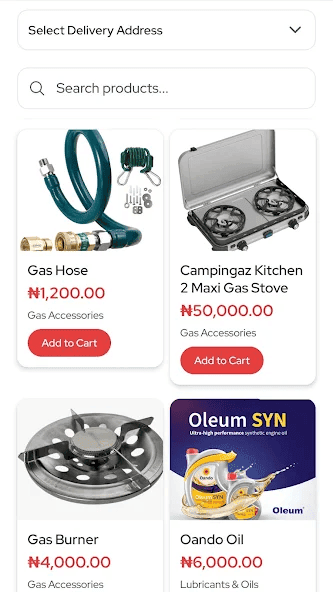 Dillon Gas product listing: gas hoses, stoves, burners and oil priced in naira, each with an add-to-cart button.