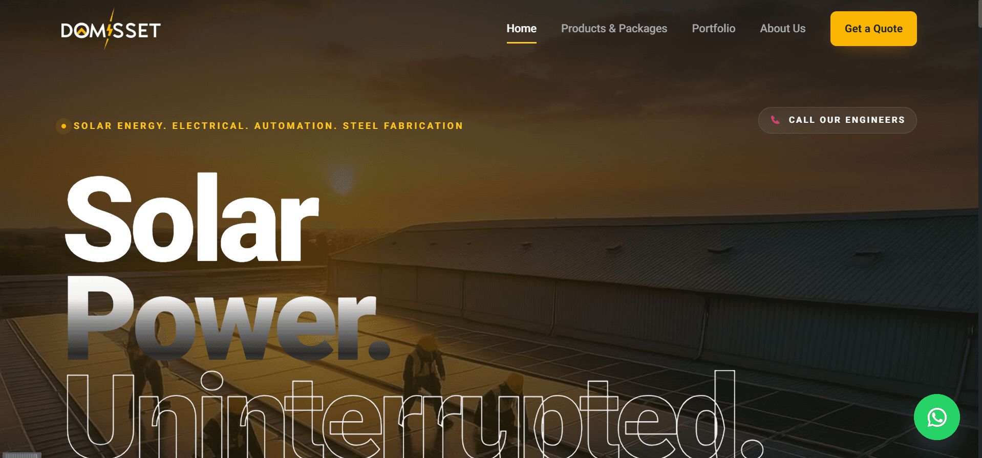 Domisset home page: 'Solar Power. Uninterrupted.' over a photograph of engineers installing rooftop solar panels at dusk, with a 'Get a Quote' button above.