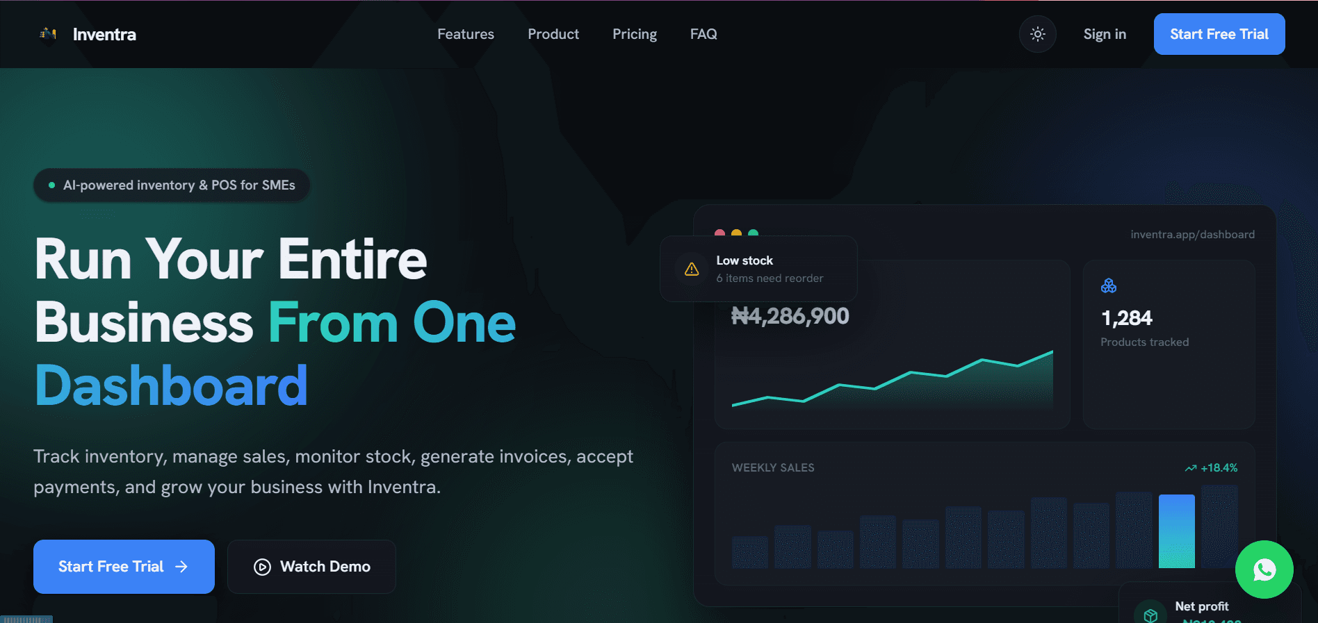 Inventra's landing page on a dark background: 'Run Your Entire Business From One Dashboard', beside a mock dashboard showing revenue, a low-stock alert, products tracked and a weekly sales chart.