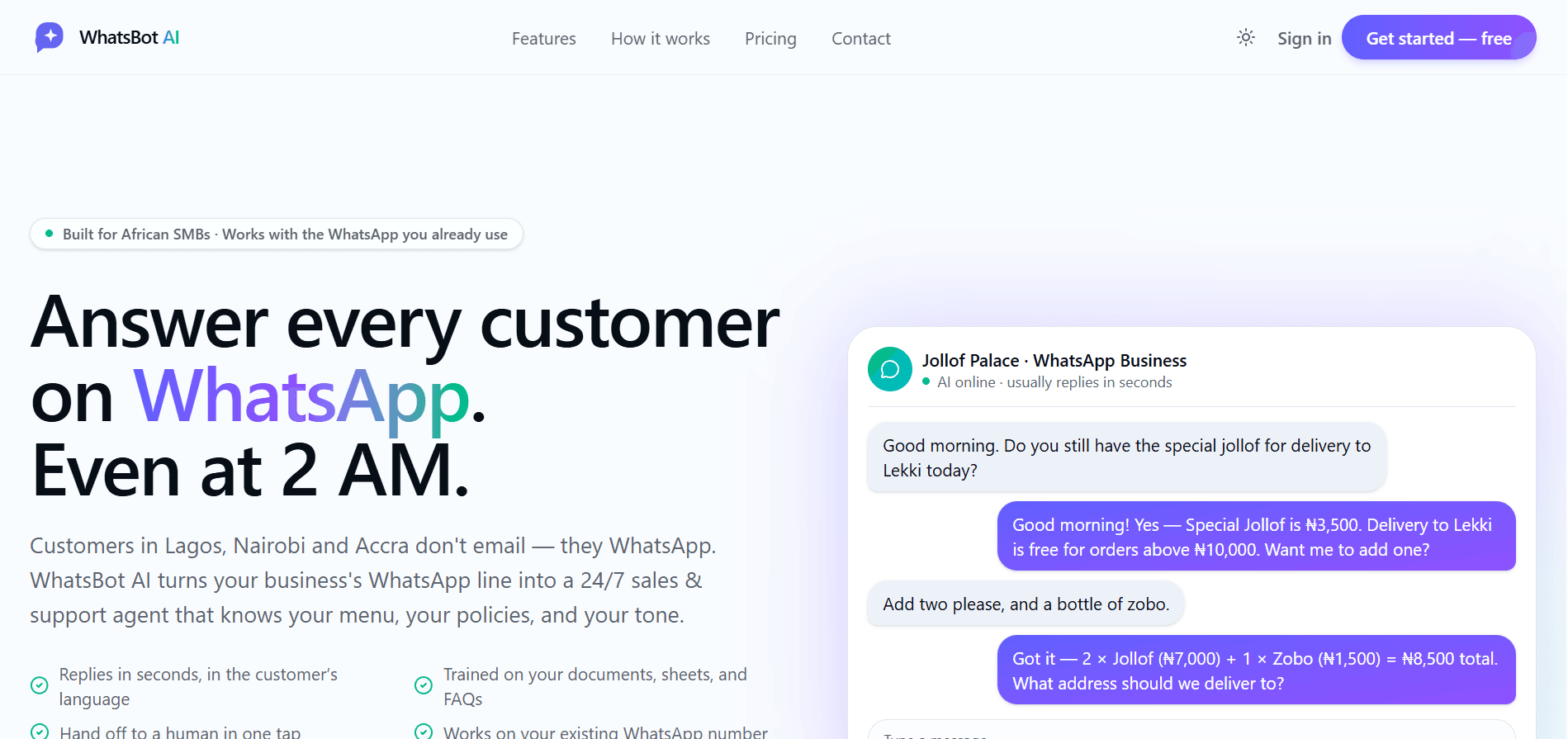 WhatsBot AI's landing page: 'Answer every customer on WhatsApp. Even at 2 AM.', beside a simulated WhatsApp conversation in which the bot quotes prices and takes an order.