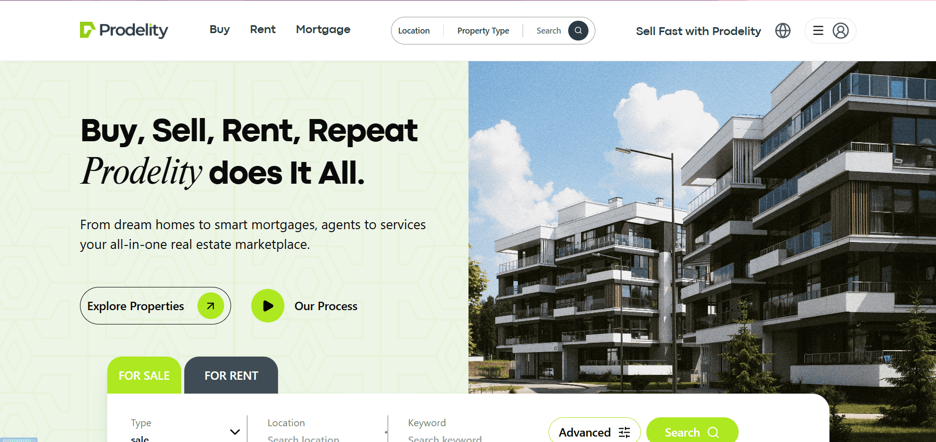 Prodelity home page: a property search bar over the headline 'Buy, Sell, Rent, Repeat — Prodelity does It All', beside a photograph of a modern apartment block.